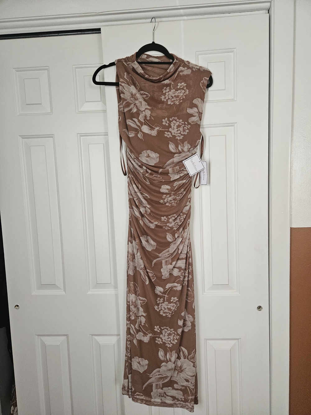 Floral Ruched Maxi Dress Cafe Brown